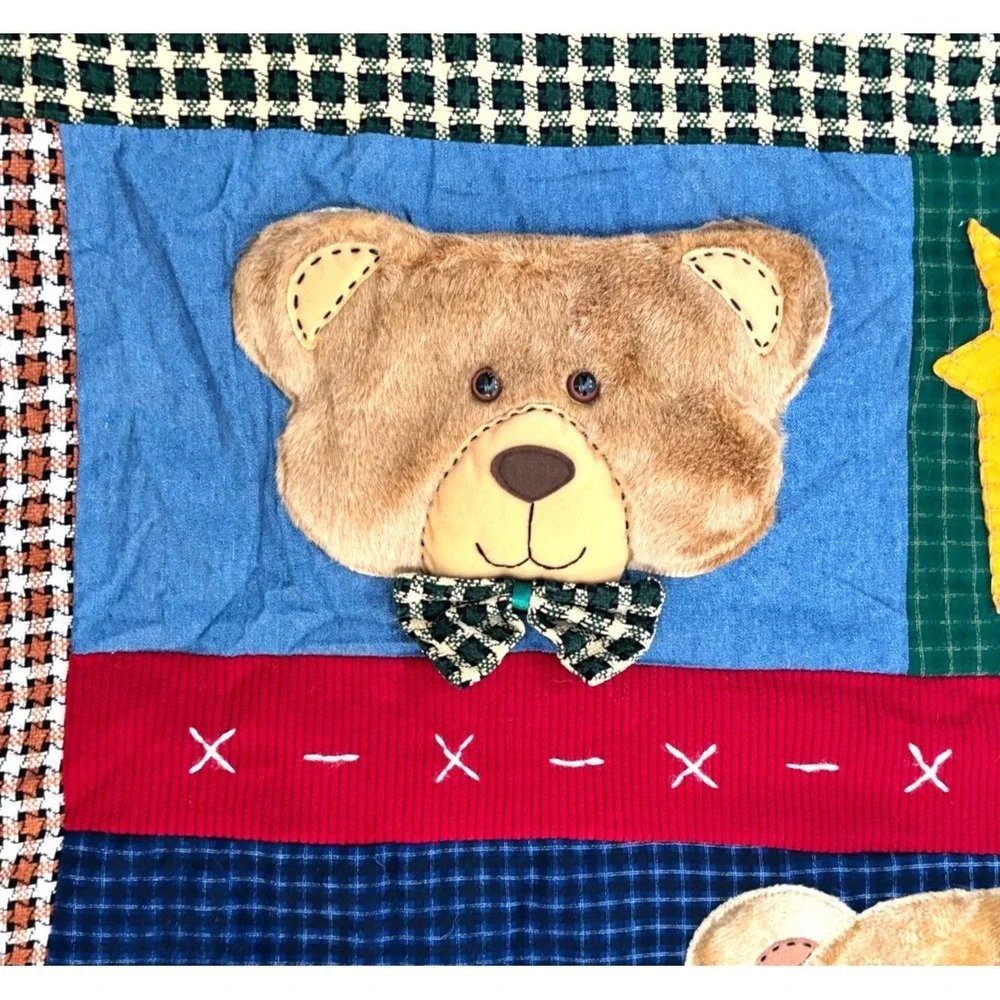 Vtg 90s Teddy Bear 3D Plush Blanket & Pillow Set Patchwork Nursery Cottagecore